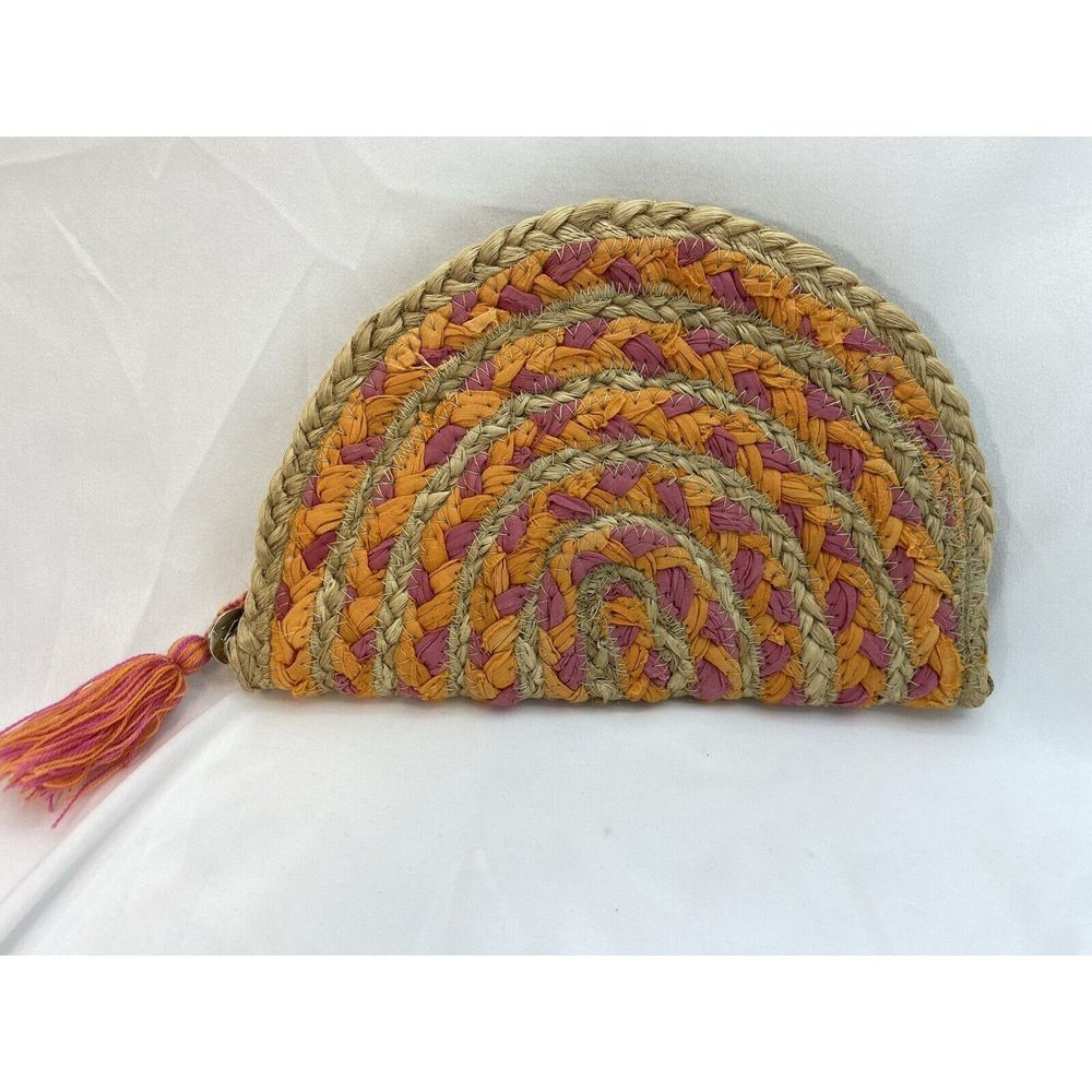 Medium Size Woven Straw Clutch Purse Half Moon Shaped Pink Orange Striped